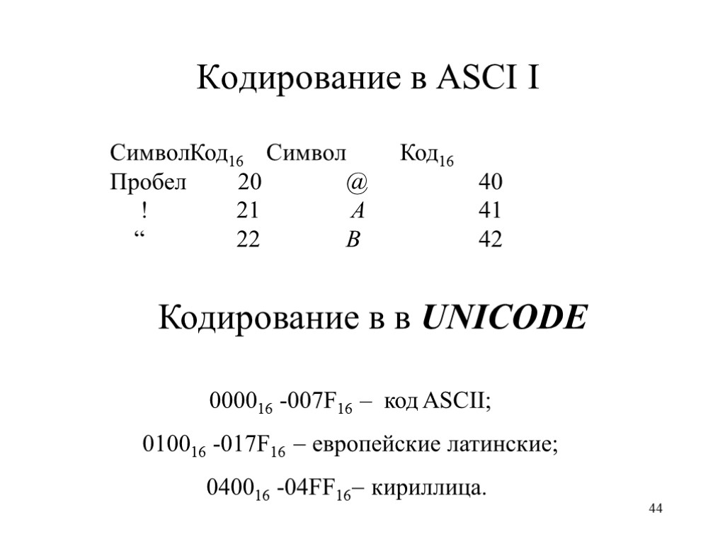 44 Кодирование в АSCI I 000016 -007F16 – код ASCII; 010016 -017F16  европейские